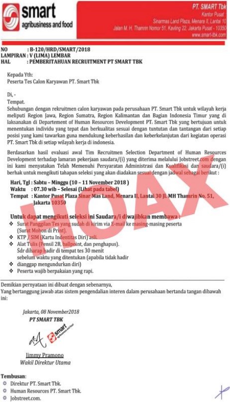 Pernyataan Perusahaan : Informasi Palsu Mengenai Rekruitmen PT SMART Tbk