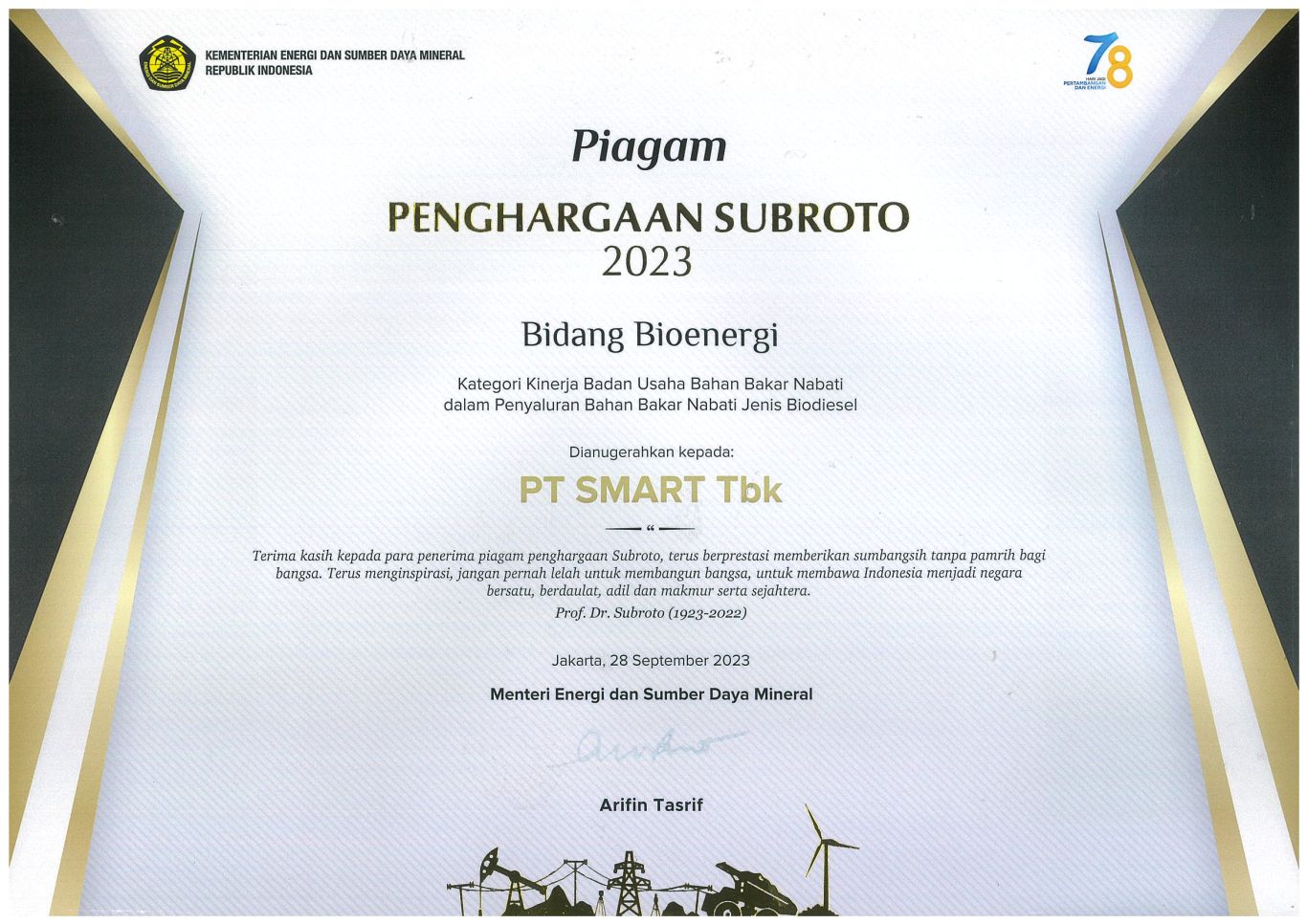 Penghargaan Subroto 2023 dari Kementerian Energi dan Sumber Daya Mineral Republik Indonesia
